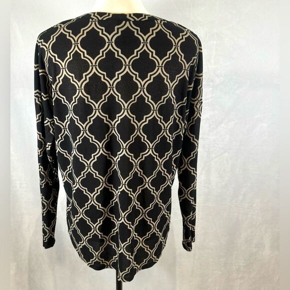 Dana Buchman vneck black and tan geometric print top size large - Picture 3 of 6